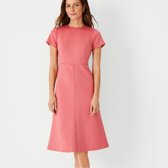 Ann Taylor Midi Flare Dress Salmon Knit Short Sleeve Round Neck Sz 4 PETITE NWT - Picture 1 of 15